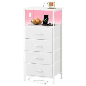 LED Nightstand with Charging Station,Dresser for Bedroom with 4 Fabric Drawers,Storage Shelf Sturdy Metal Frame, Wood Top,Cloth Bags Hooks