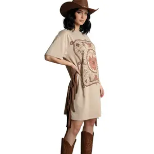 Western Print Mini Dress with Fringe on the Side - Boho Style, Loose Fit, Summer Wear