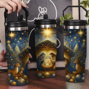 30oz Stainless Steel Insulated Tumbler with Leak-Proof Lid & Portable Handle - Nativity Scene Christmas pattern,Long-Lasting Hot/Cold Insulation, Personalized Winter Tumbler for Her/His