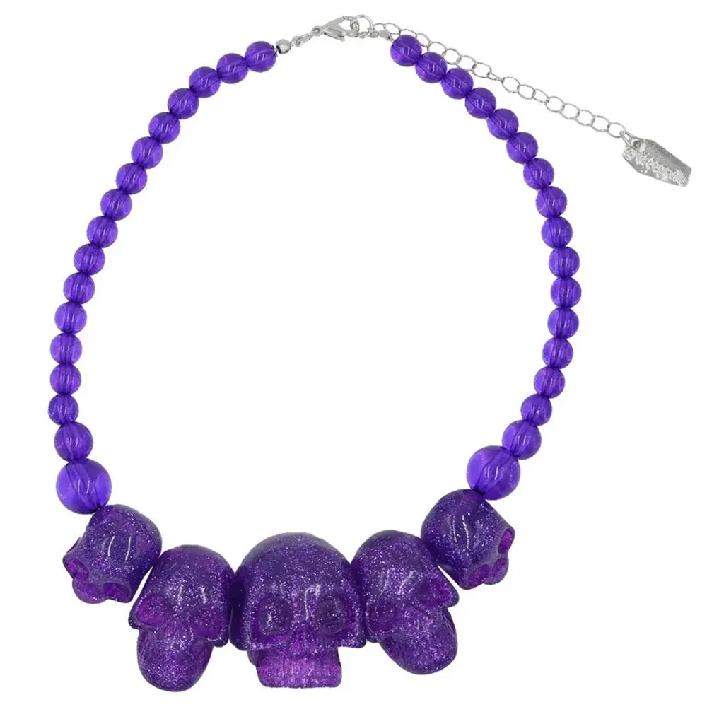 Skull Collection Purple Glitter Coffin Bead Necklace, 14" (35.5cm) Resin Jewelry with 1.75" Tall Bead Spooky Charm