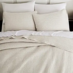 Beige Pick Stitch Queen Size Quilt Set, Striped Lightweight Soft Summer Spring Bedspread, Bamboo Linen Like Textured Coverlet, Chambray Farmhouse Country Rustic Bedding, Netural Thin Comforter