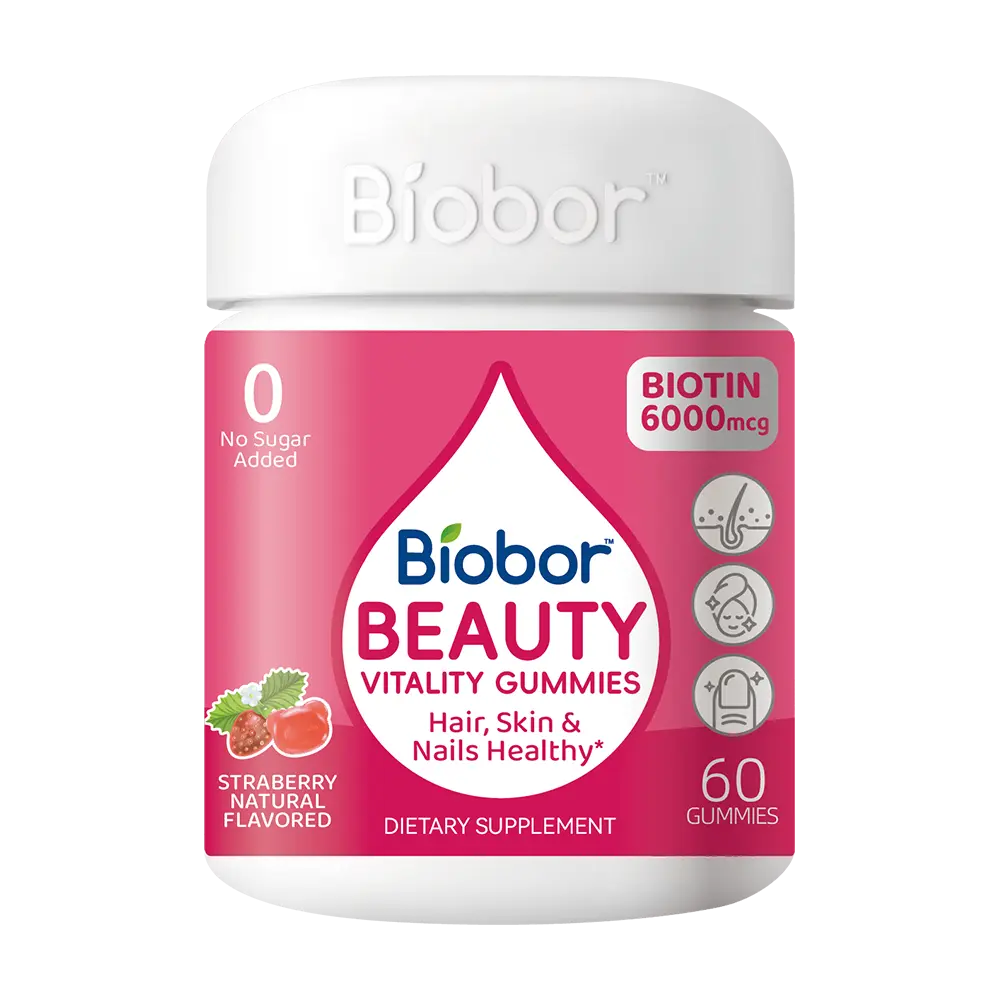 Biobor Advanced Hair, Skin & Nails Gummies with 6000 mcg Biotin，Vitamins A C E & Patented OptiMSM | Supports Hair Growth， Strengthens Nails， Improves Skin Radiance | Vegan， Wild Berry Flavor | 30 Day Supply
