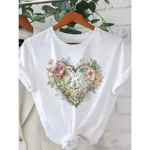 Women's Plus Size Floral Heart Print Casual T-Shirt 100% Cotton Breathable Round Neck Short Sleeve Top Vibrant Botanical Design Womenswear Tshirt Streetwear Summer