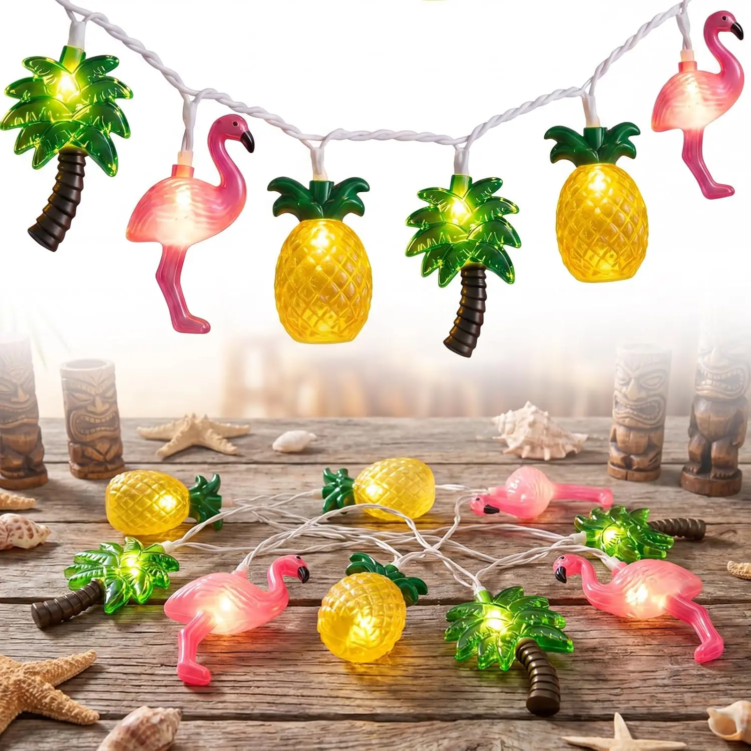 8.5Ft Summer Beach Hawaiian String Lights Outdoor with 10 LED Flamingo Pineapple Palm Tree Lights, Plug in Tropical Party Decorations Lights for Patio Backyard Garden Window Tiki Bar Pool Party Decor