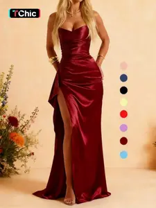 Women's Long Evening Gown, Satin A-Line Wedding Dress, Ruched Slit Design, Elegant Formal Wear, Perfect for Special Occasions, Homecoming Dresses