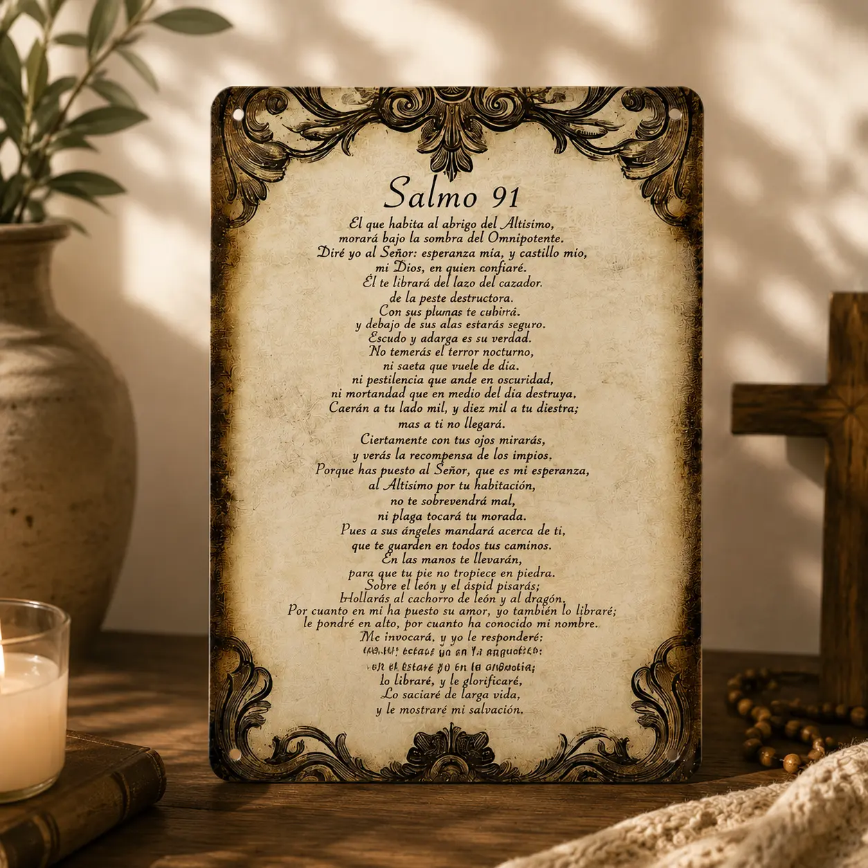 Salmo 91 Metal Sign Spanish Bible Verse Wall Decor, Christian Home Decor, God Protection Prayer Sign, Religious Gift for Family, Vintage Rustic Tin Sign 8x12 Inch