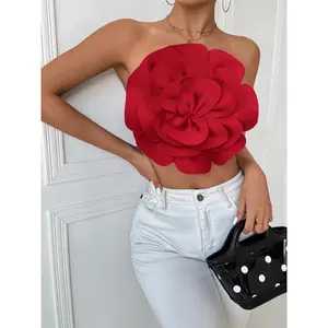 Elegant Off-Shoulder Floral Tube Top for Women - Vibrant Red 3D Flower Design, Stretchy & Breathable Fabric, Perfect for Spring/Summer/Fall Casual Wear, Strapless Blouse | Vibrant Floral Top | Stylish Offshoulder, Floral Shirt  Womenswear Collar Comfort B