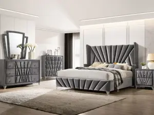 Carissa Gray Fabric Upholstered Art Deco Style Design Queen Bedroom Set CM7164 4-Piece Set with Bed Nightstand Dresser Mirror Classic Elegance