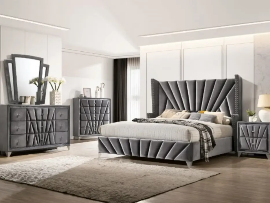 CM7164-4PC Carissa Gray Fabric Upholstered Art Deco Style Design Queen Bedroom Set with Bed Nightstand Dresser Mirror Classic Elegance