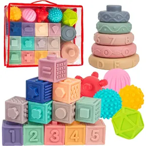 3 in 1 Montessori Toys for Babies 0-3-6-12 Months, Soft Baby Teething Toys, Stacking Building Blocks for Infants, Sensory Developmental Education Toys for Toddlers 12-18 Months, 22 PCS