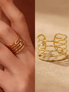 Multi Layer Zircon Stone Open Ring Stainless Steel PVD Vacuum Plated 14K Gold Light Luxury Ring Elegant Jewelry for Women Statement Rings