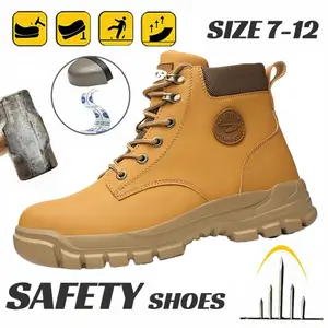 Slip Resistant Men's Solid Color Classic High Top Plain Toe Safety Boots Comfy Durable Lace Up Work Shoes Anti-Smashing Anti-Stab