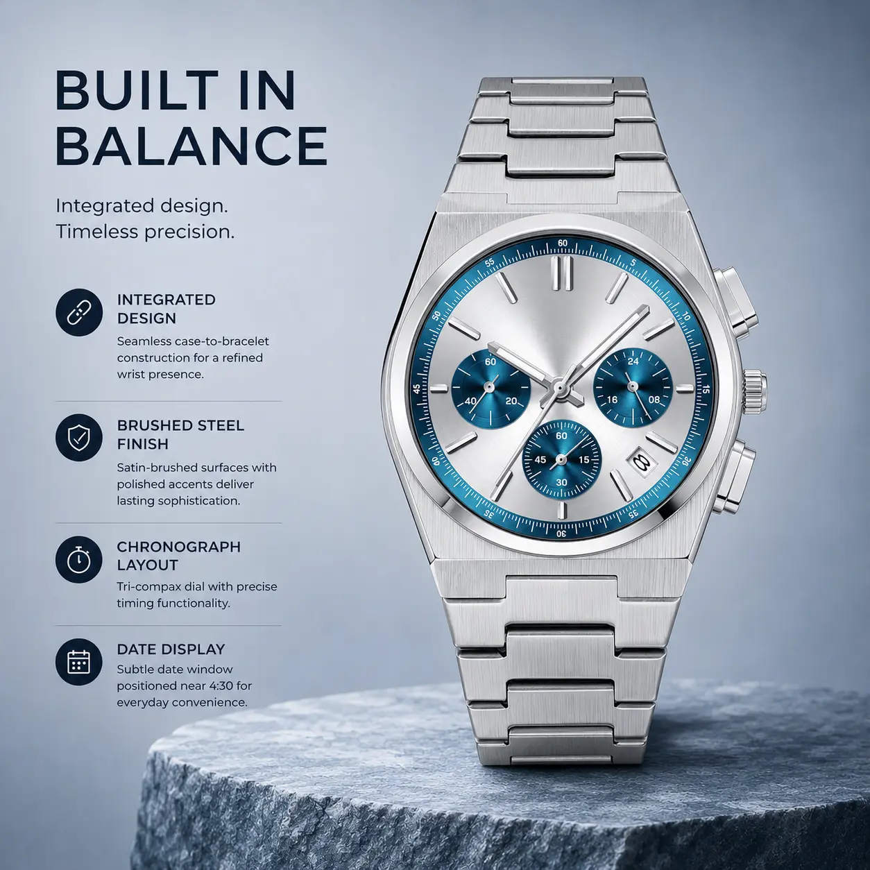 Casual Business Wristwatch for Men, Classic Stainless Steel Analog Chronograph with a Quartz Dial and Calendar, Daily Wear, Watches, Easy To Use Quartz Watches, Business Look, Date Display, 30M - 50M, Clasp, Date Chronograph Watch, Male Watch