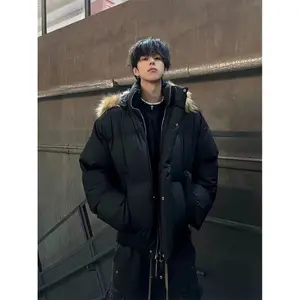 Men's Casual Long-Sleeve Fur Collar Hooded Puffer Coats - Winter American High-Street Retro Menswear, Warm Thick Polyester Fabric, Loose-Fit Punk Emo Subculture Outerwear