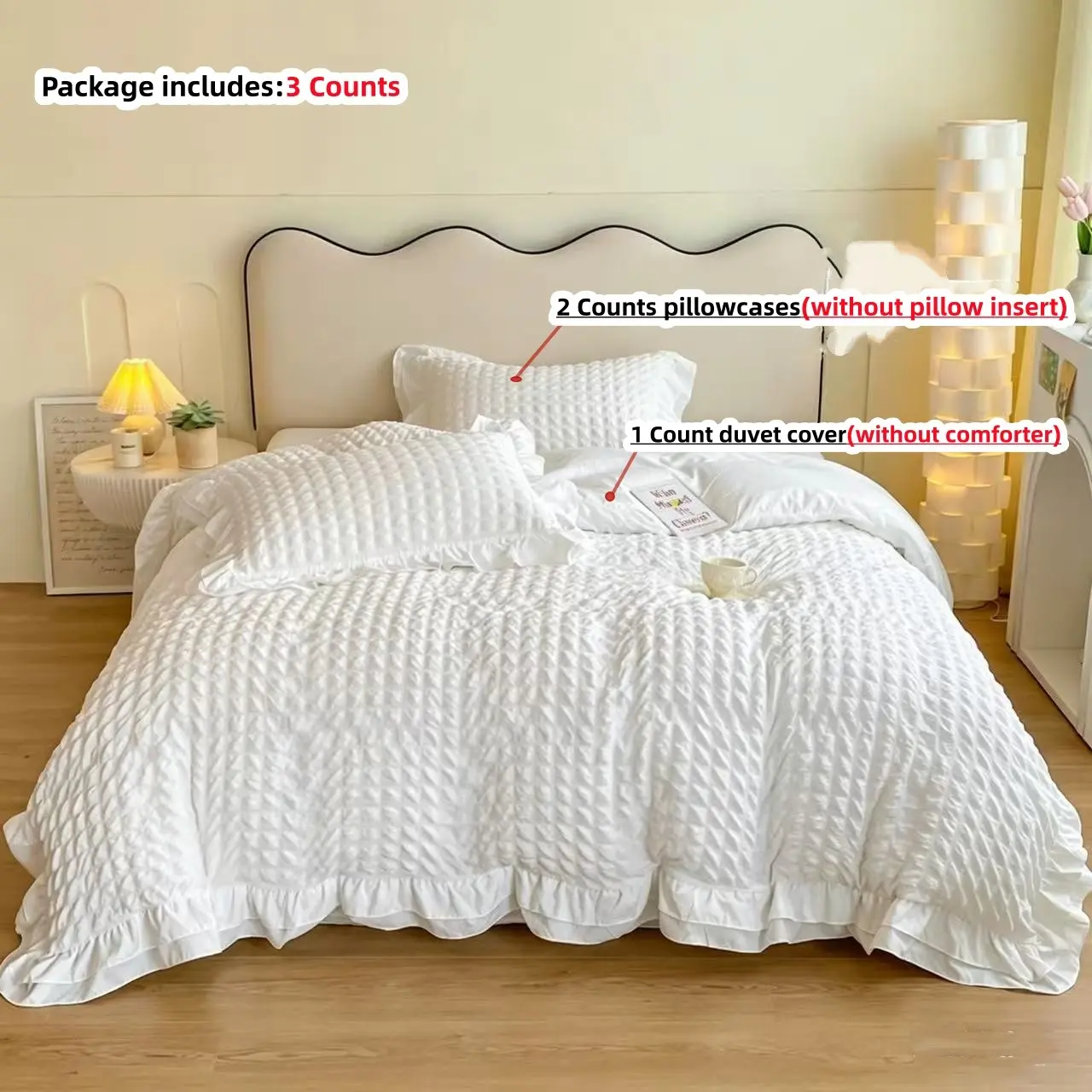 3-Piece Korean-Style Bubble Yarn Small Checkered Decorative Bedding Set with Lace Quilt Cover and Pillowcases, Household Bedding Set, Lightweight Comforter Set for Home Decor, Soft Bedding Sets, Theme Bedding Set, Comfy Bed Sets