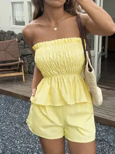Women's Striped Halter Two-Piece Set, Elastic Ruched Leaf Edge Wrap Top, Summer Vacation Chic Style, Short Pants Ensemble