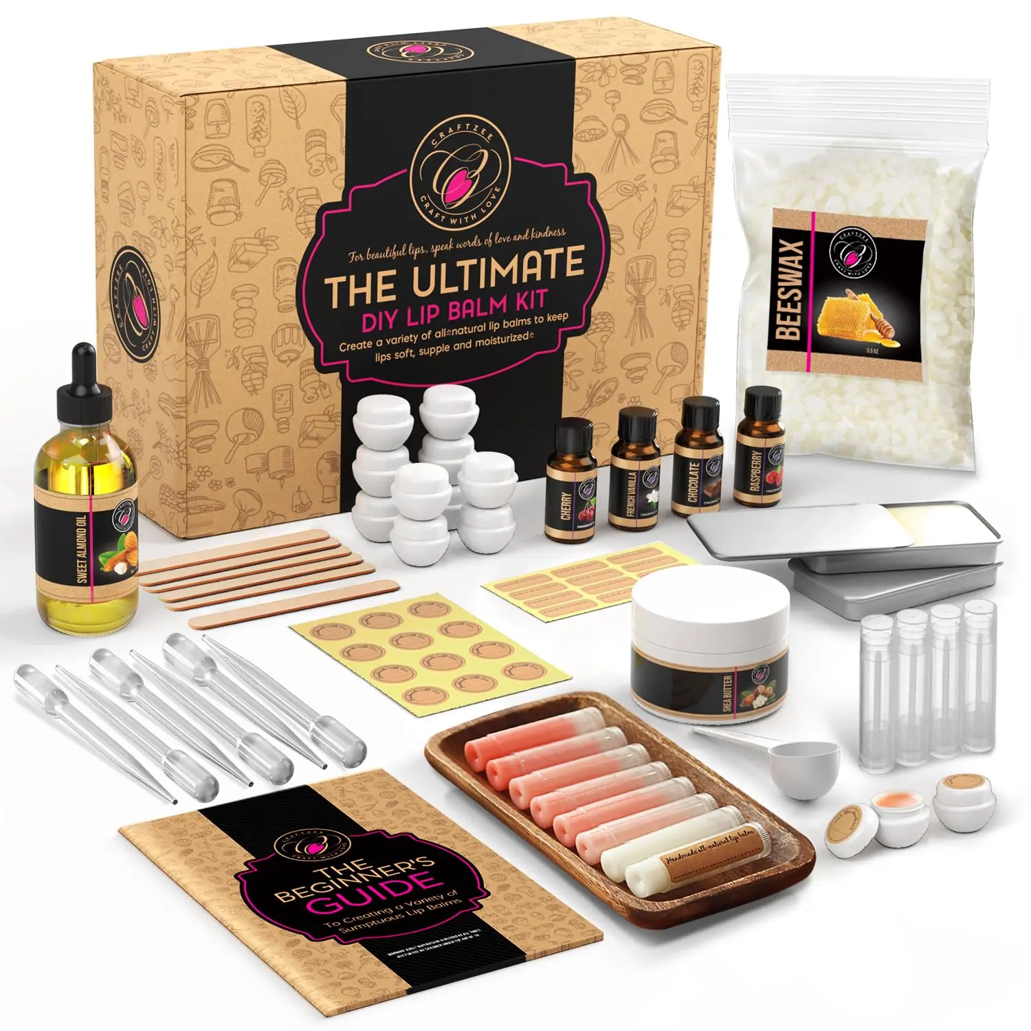 CraftZee  Lip Balm Making Kit - DIY Lip Gloss & Lip Balm Kit w/ Beeswax, Shea Butter, Almond Oil, Flavors, Tubes, Jars - Natural Lip Balm Kit for Adults, Beginners, Gifts (Makes 40-60)
