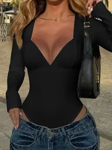 Women's Spring Autumn Fashion Knitted Design Big V Neck Pure Color Solid Long Sleeve Tight Jumpsuit Bodysuit Casual Daily Wear