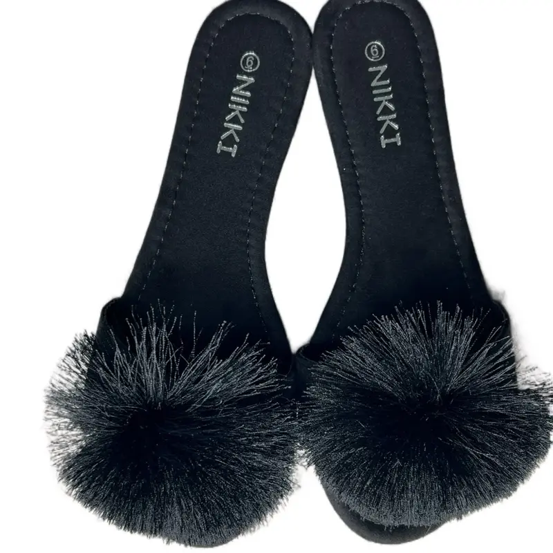 Nikki Black Fluffy Ball Women's Flip-Flops with Plush Faux Fur Accents - Footwear, Walking Shoes