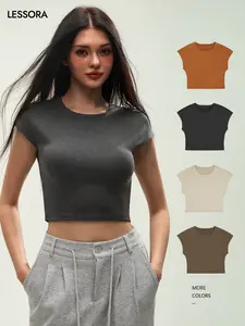 LESSORA Women's Short Sleeve Crop Tee Everyday Look Casual Cotton Minimalist Summer Top Cropped Fitted Stretchy