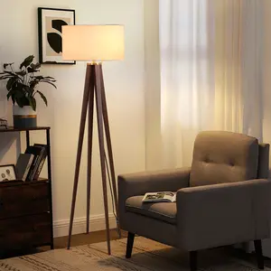 Quattro Floor Lamp - Dark Walnut Wood Finish & Weathered Brass, White Linen Shade, Dimmer