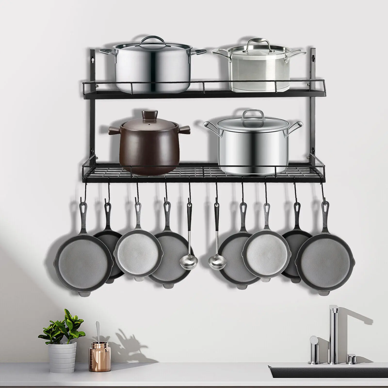 Reinforced Rust-Proof Iron 2-Layer Rectangle Hangable Wall-Mounted Pot and Pan Display Rack, 16.1×10.2×26.7in Space-Saving Kitchen Storage Hanging Rack with Hooks, 35 lbs per Tier, 25kg+ Total Load Capacity for Cookware, Utensils, Bookstore
