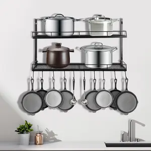 2-Layer Rectangular Iron-Plastic Wall-Mounted Pot and Pan Display Rack, Space-Saving Kitchen Organiser with Included Hooks for Hanging Cookware and Utensils