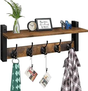 Wall Hooks with Shelf, Wood Coat Rack with Shelf Wall-Mounted, Entryway Hanging Shelf with 5 Metal Hooks for Clothes Hats Towel Purse Robes, Bathroom Mudroom Bedroom, Rustic Brown Black