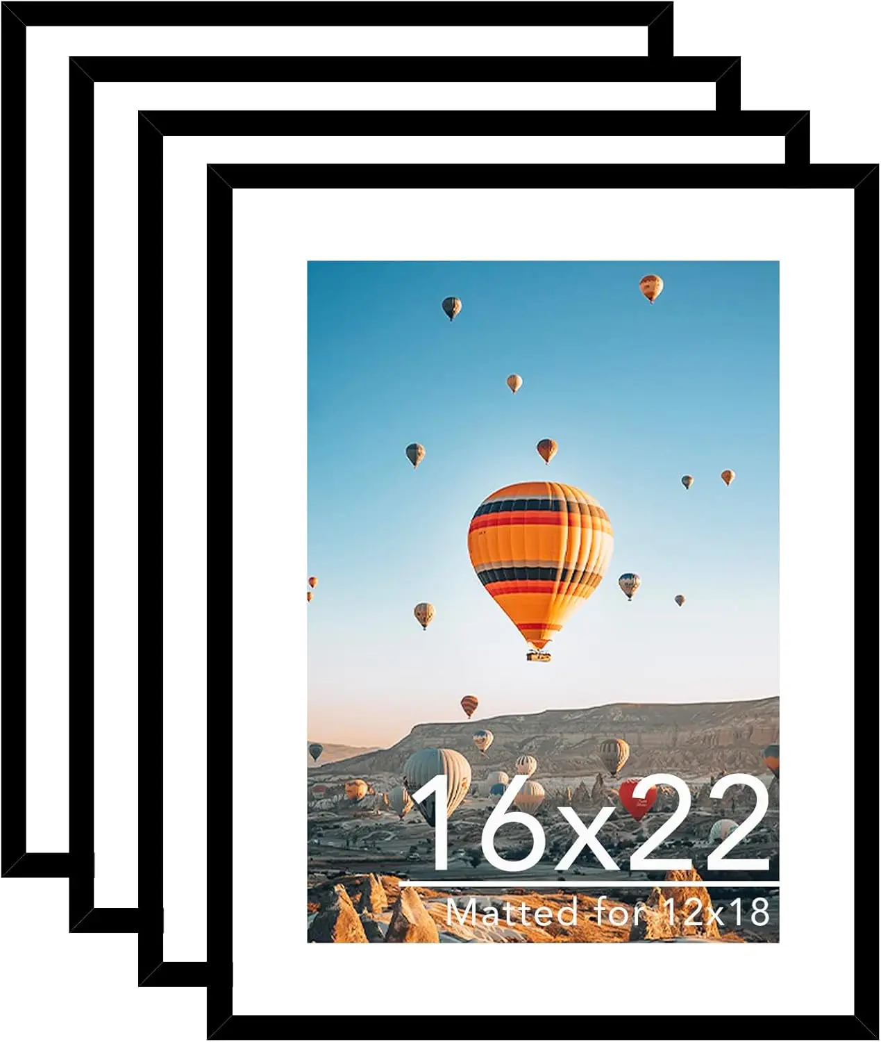 Black Rectangular 16x22 Wall Frame Set Pack of 4 with 12x18 Mat, Displays 12x18 Photos with Mat or 16x22 Posters Without, Wall-Hanging Home Decor with Plexiglass