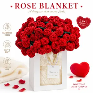 Handmade Rose Trim Knit Blanket - Cozy Soft Throw Blanket with 3D Rose Border, Warm Crochet Blanket for Couch Bed, Romantic Home Decor & Valentines Day Gif