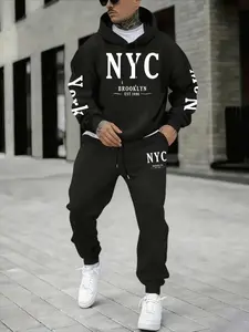 Men's Fall Winter Brooklyn Style Nyc Hoodie Set, Casual Fitted Letter Print Sweatshirt, Trendy Fashion for Men