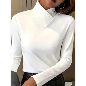 Plus Size Elegant Black Top with Chic Cross Neckline - Long Sleeve, Solid Color, Casual Polyester Blouse, Machine Washable - Perfect for Fall/Winter, Plus Size Blouses