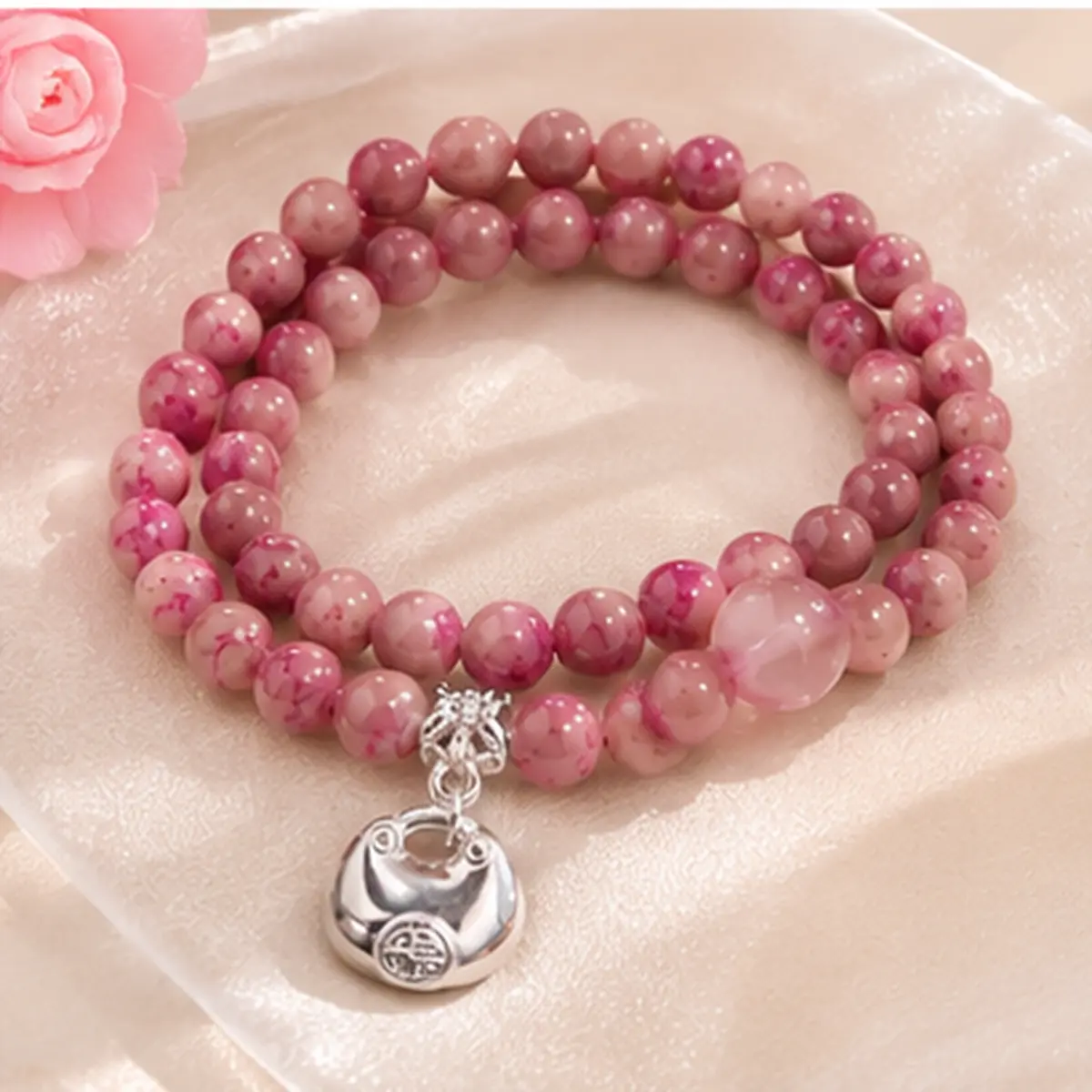 Pink Marbled Bead Double Strand Bracelet for Women, Silver-Tone Handbag Charm Stretch Bracelet, Cute Coquette Y2K Layered Jewelry for Everyday Wear, Birthday, Friendship, Holiday and Gift