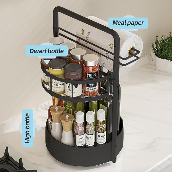 2-Tier Metal Lazy Susan Turntable - 360-Degree Rotatable Kitchen Organizer with Paper Towel Holder, Spice Jar, Condiment & Dish Drying Storage Rack for Countertops/Cabinets,space-saving organize,countertop storage
