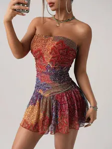 Women's Bohemian Style Vacation Sexy Colorblock Print Halter Mini Dress, Sleeveless, Summer Fashion, Boho Chic Clothing