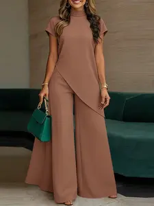 ZANZEA Women's Casual, Stand Collar Short Sleeve Asymmetrical Top with Button Neck + Elastic Waist Wide Leg Pants, Ideal for Daily Wear