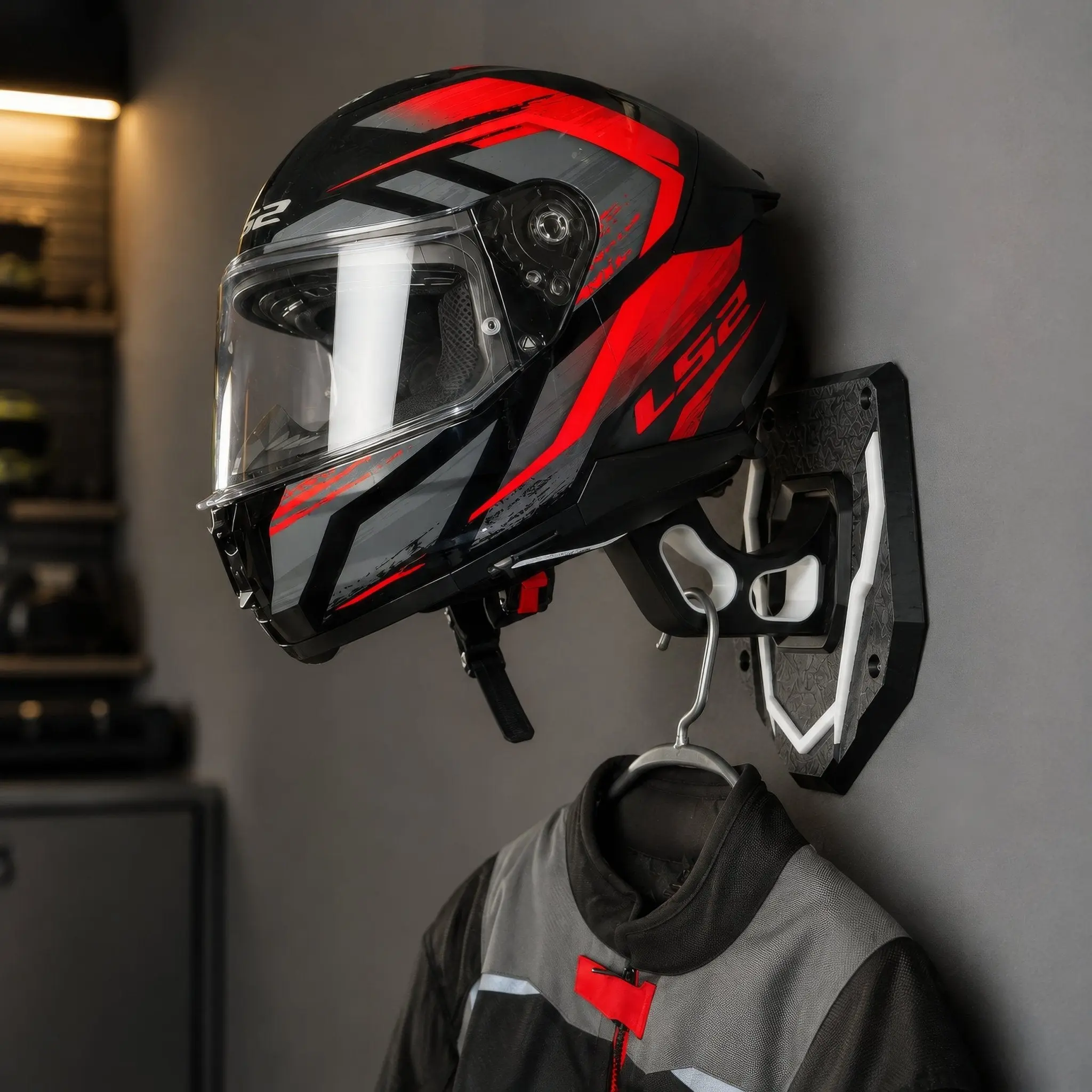 Motorcycle Helmet Wall Mount with Jacket Hanger, Full-Face & Dirt Bike Helmet Holder – Vortex