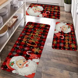 2/3pcs Christmas Kitchen Carpet Floor Mat, Red Buffalo Grid Santa Claus Merry Christmas Snowflake Pattern Non slip Floor Mat, Suitable for holiday kitchens, entrance doors, laundry rooms, bathrooms, living rooms, Christmas decoration mats, Home Decor Rugs