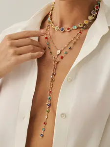 Women's Bohemian Alloy Chain Necklace Set, Vintage Crystal Jewelry, Multicolor Pendant, Daily Wear, Gift for Holidays