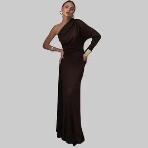 Asymmetrical One Shoulder & Waist Ruched Mermaid Maxi Dress for Women's 2025 Fall New Solid Casual Vacation Trips & Party Night Dates Outfit Dresses Slim Fit Autumn Elegant Dress
