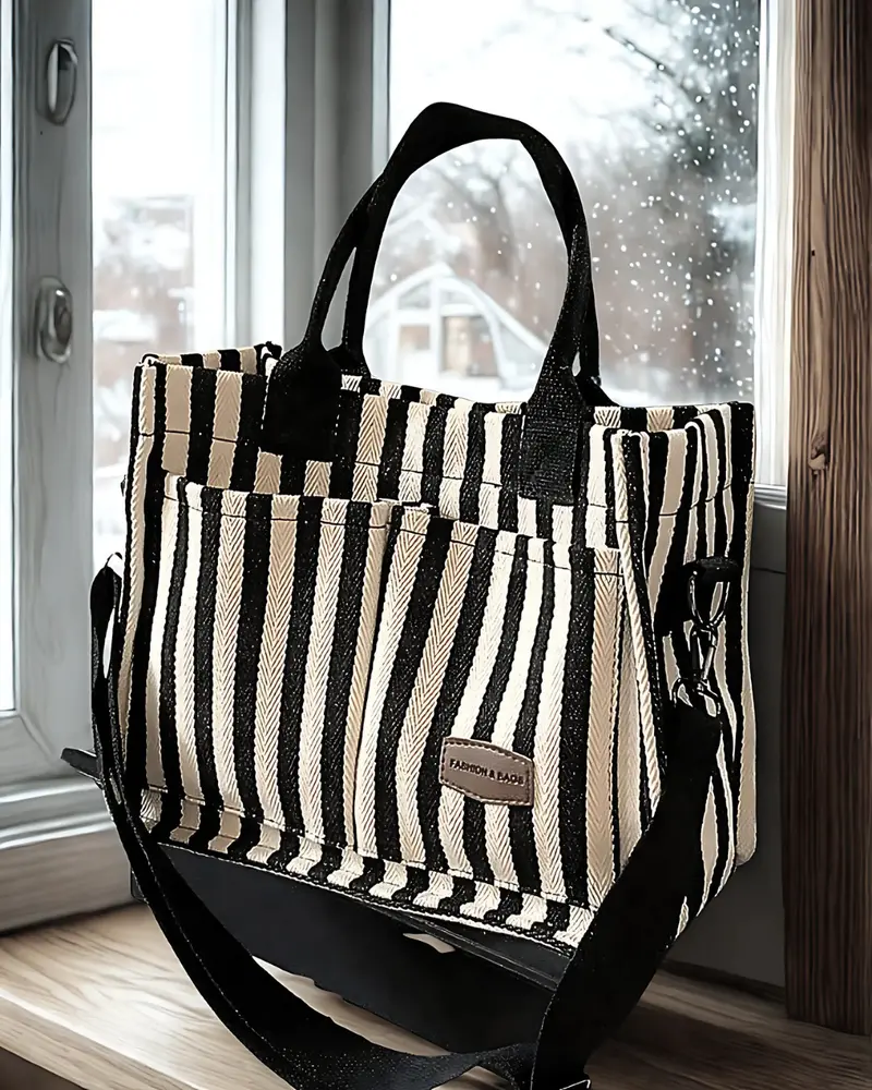 Stylish Black White Vertical Stripe Canvas Tote Bag with Shoulder Strap – Lightweight, Casual, Spacious, Durable Handbag for Women – Daily, Work, Travel, School Use