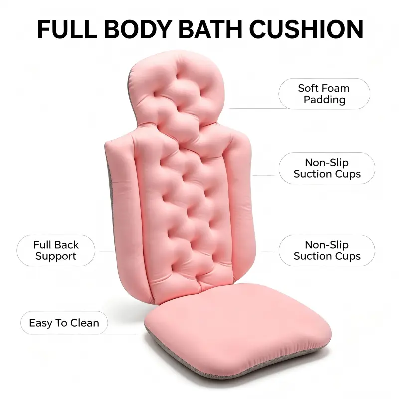 Full Body Bathtub Cushion with Headrest, 3-Layer High Elastic Soft Foam Bath Mat, Non-Slip Suction Cups Quick Dry Breathable Spa Bath Pillow Mat for Home Tub Relaxing Bath