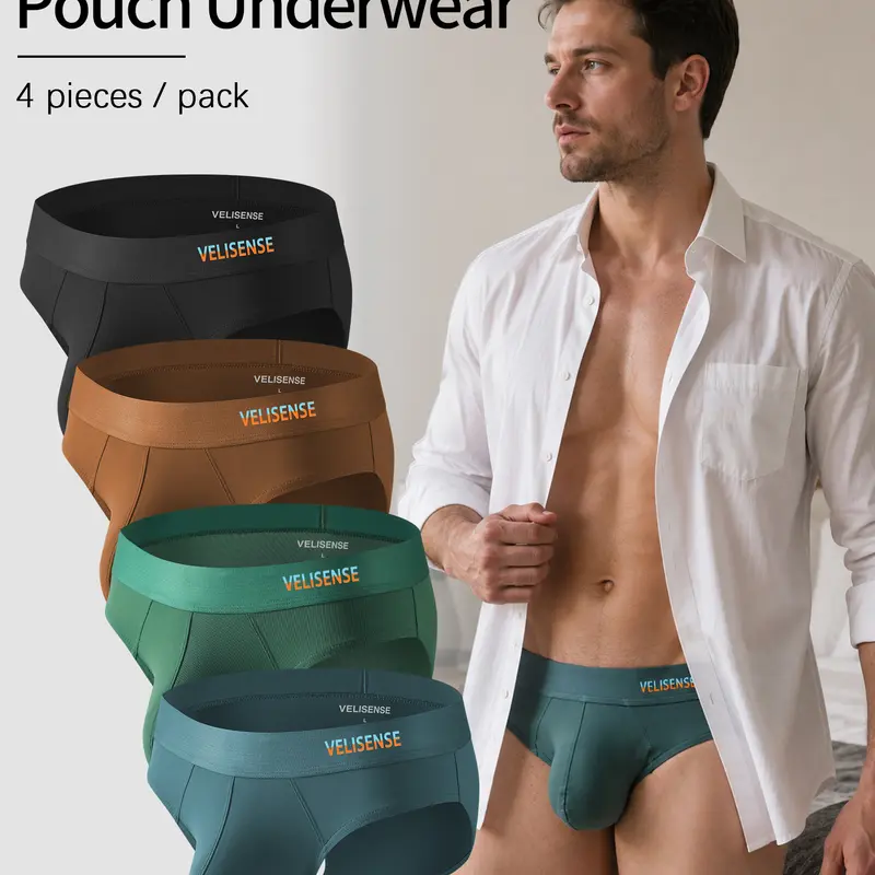 VELISENSE Men's Ice Silk Plain Briefs - Elastic Silky Fabric, Roomy Fit 3D Pocket Pouch Underwear, Chafe-Free 0 Friction, Breathable, Machine Washable Menswear