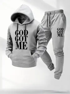Men's Fashion 'GOD GOT ME' Printed Tracksuit - A comfortable hoodie and casual pants two-piece set with stylish faith-inspired print design. Cozy and warm for everyday wear in autumn and winter, suitable for running, street fashion, and lounging at home.