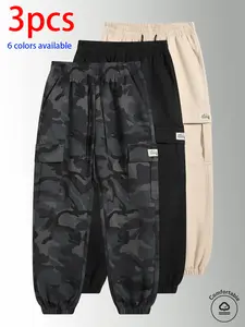 3-pack men’s long pants: men’s camouflage cargo jogger pants, loose slim fit multi-pocket casual pants with elastic drawstring design, available in multiple colors, suitable for everyday wear, holiday travel, and outdoor hiking.