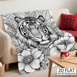 2D Flat, 1pc, Soft Cozy Blanket, Intricate Tiger Illustration Surrounded by Floral Patterns for Coloring, Animal Blankets, Suitable for Sofas, Travel, Camping, Living Rooms, Offices, And Beds, Blankets Are And Blankets