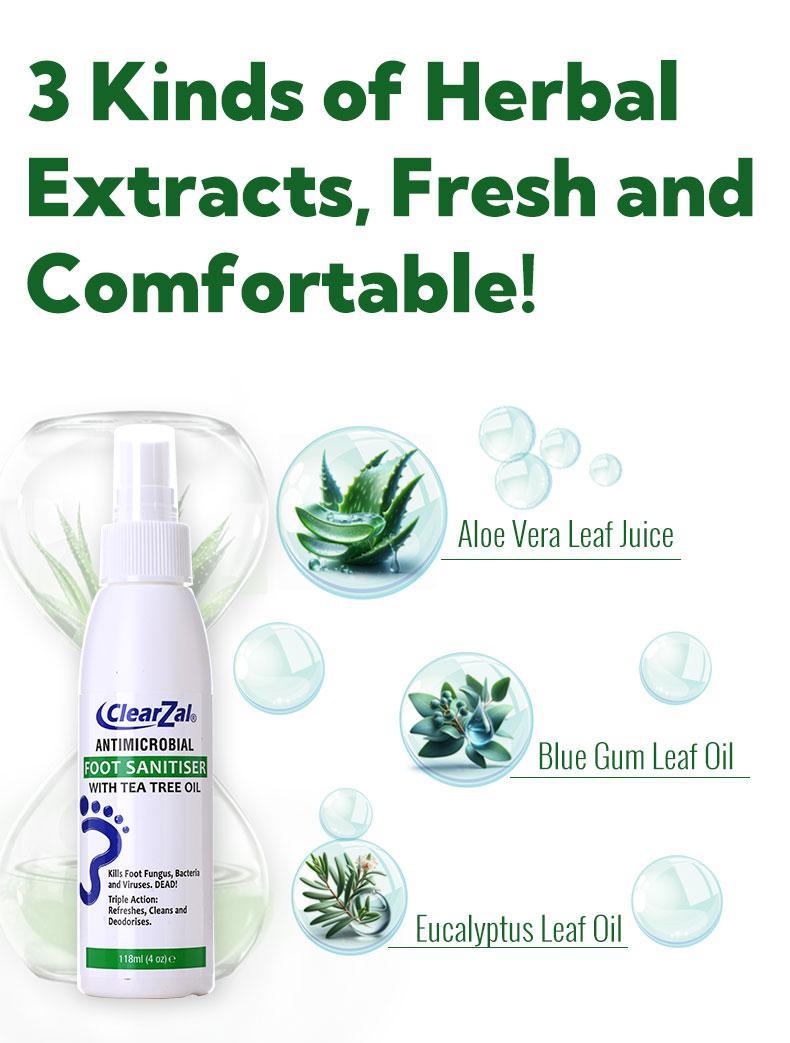 ClearZal Foot Sanitizer Spray with Tea Tree Oil, 4-Ounce Bottle ,Contains natural tea tree oil and aloe vera Long-lasting disinfectant and antibacterial spray [TAP]