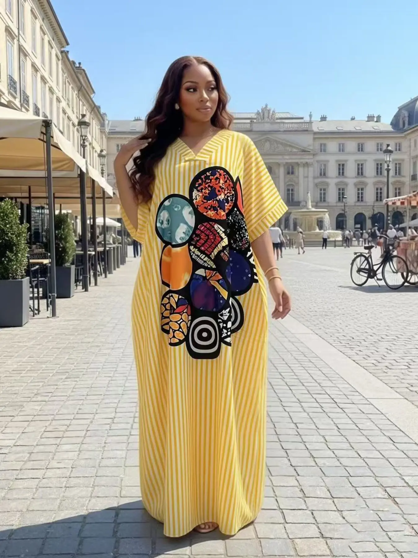 New Fashion Chic Loose Fit Casual Daily Everyday Shopping Blue Striped Geometric Print V-Neck Short Sleeve Summer Lady Womenswear Boubou Dress with Pockets Boho Casual Dress
