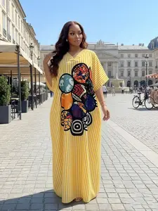 New Fashion Chic Loose Fit Casual Daily Shopping Blue Striped Geometric Print V-Neck Short Sleeve Summer Boubou Dress with Pockets
