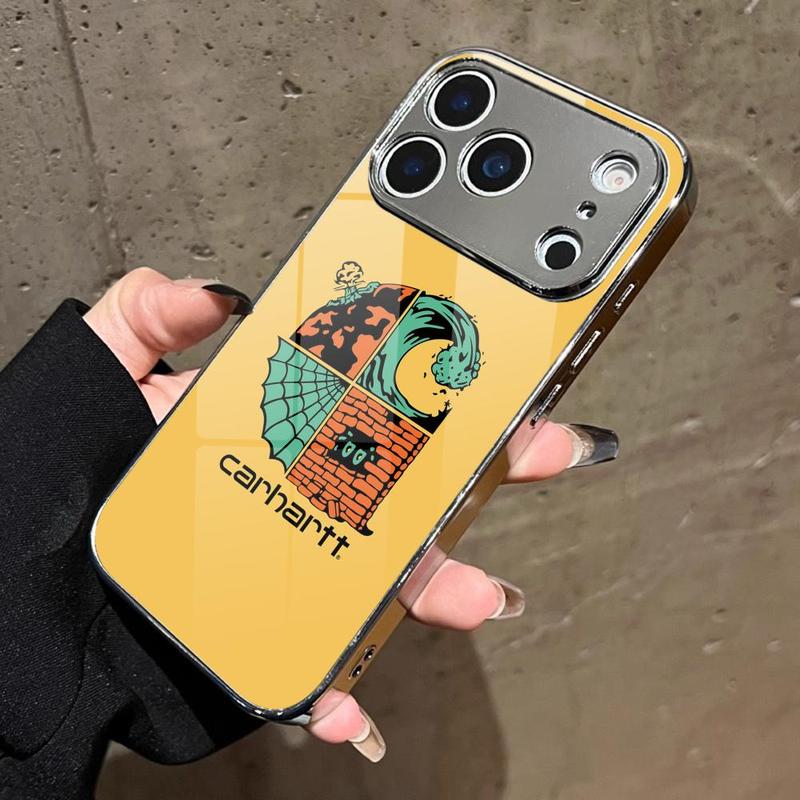 Famous Trend C-C-Carhartt Phone Case For iPhone 17 16 15 14 13 12 Pro Max Plus Electroplated Metal Bumper Case Slim Tempered Glass Back Shockproof Anti-Scratch Luxury Case Fashion Durable Stylish